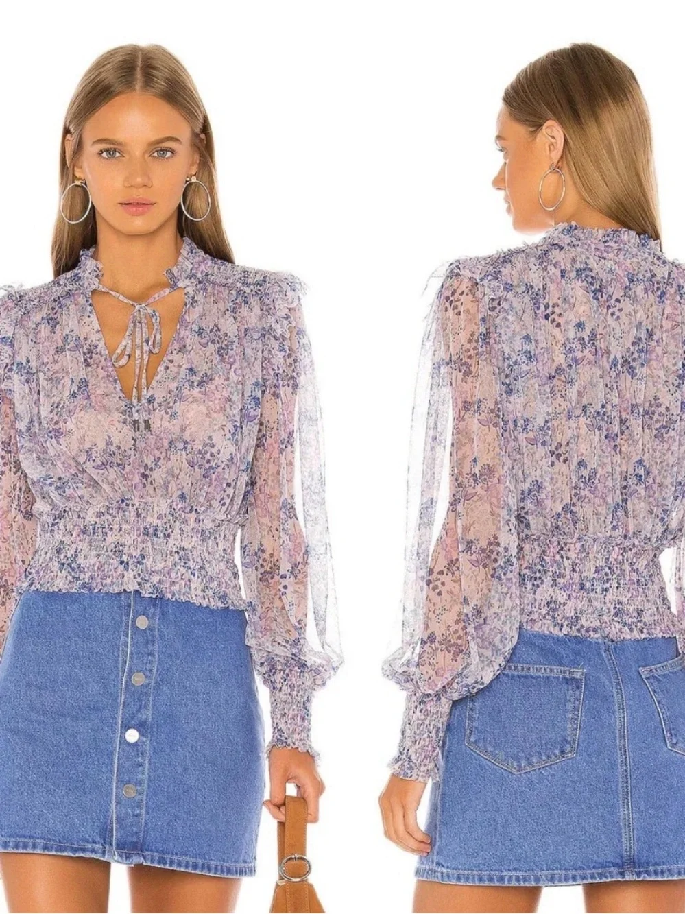 Free People Floral Mesh Smocked Long Sleeve Top Size M